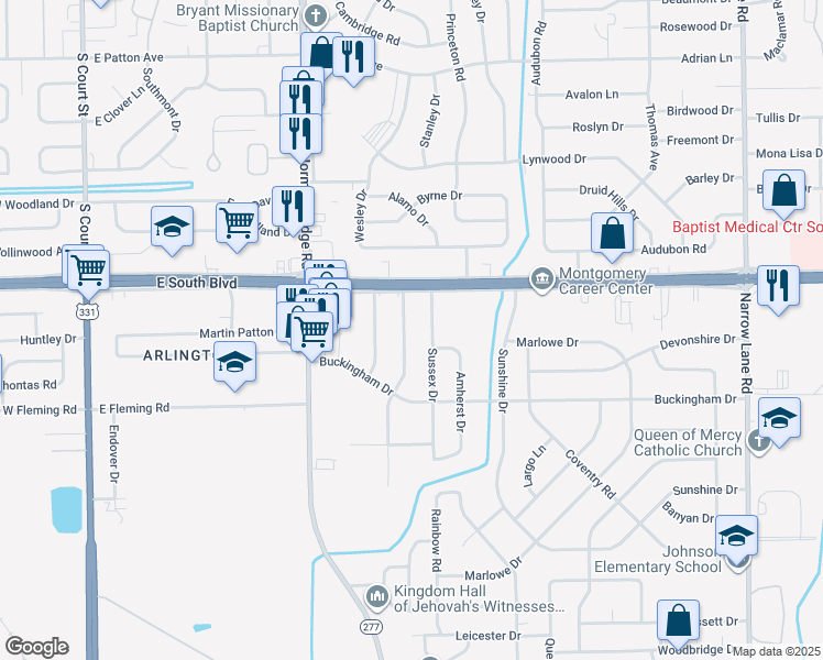 map of restaurants, bars, coffee shops, grocery stores, and more near 4219 Nordale Drive in Montgomery