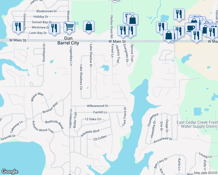 map of restaurants, bars, coffee shops, grocery stores, and more near 121 Redbud Road in Gun Barrel City