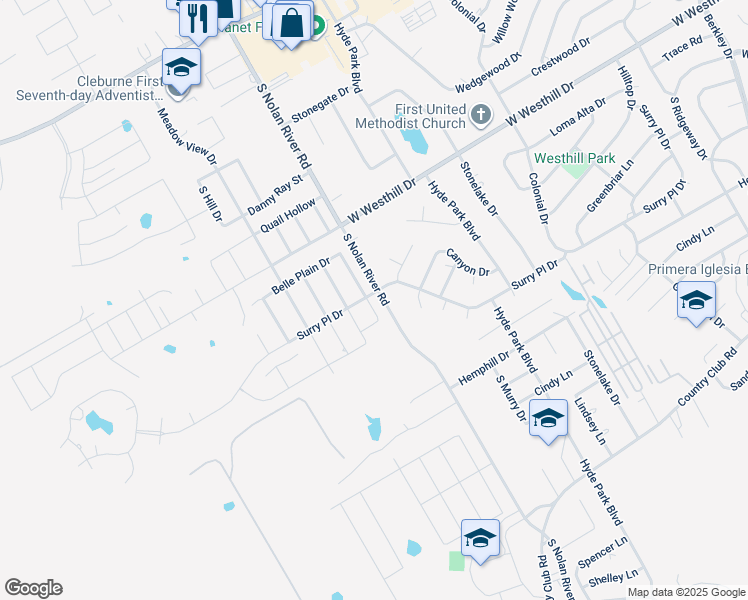 map of restaurants, bars, coffee shops, grocery stores, and more near 901 Chestnut Grove Drive in Cleburne