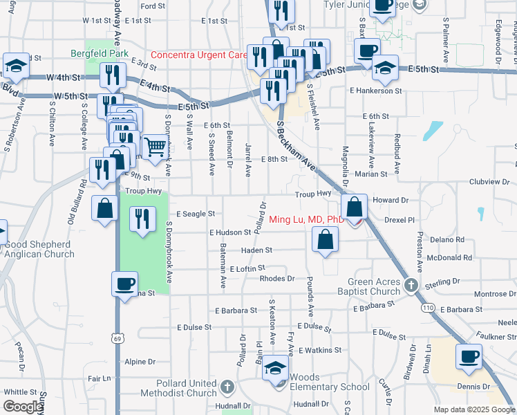 map of restaurants, bars, coffee shops, grocery stores, and more near 2225 Pollard Drive in Tyler