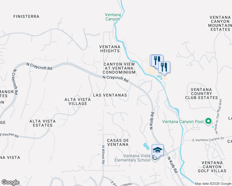 map of restaurants, bars, coffee shops, grocery stores, and more near 6414 North Miramist Way in Tucson