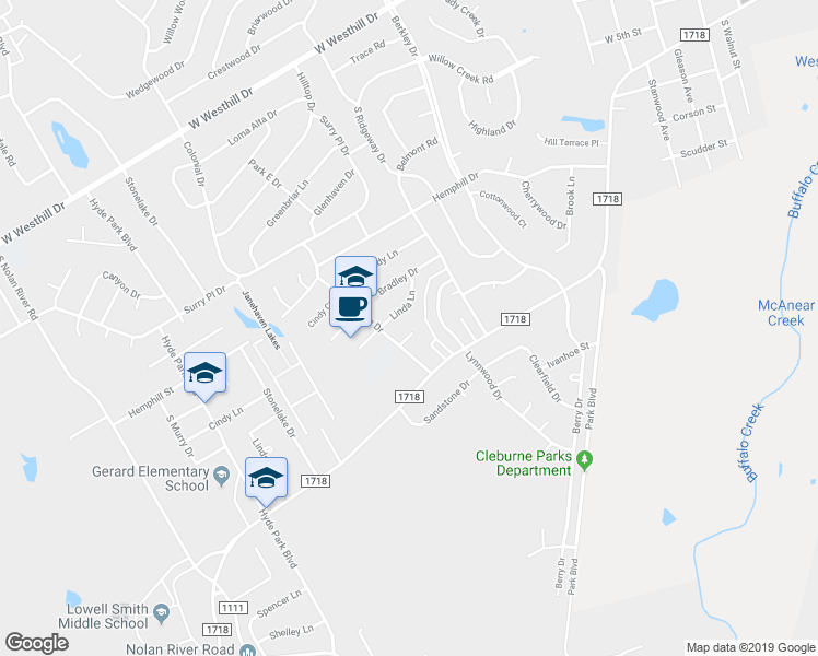 map of restaurants, bars, coffee shops, grocery stores, and more near 1201 Gregory Court East in Cleburne