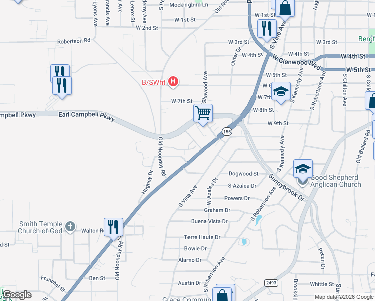 map of restaurants, bars, coffee shops, grocery stores, and more near 2323 Frankston Highway in Tyler