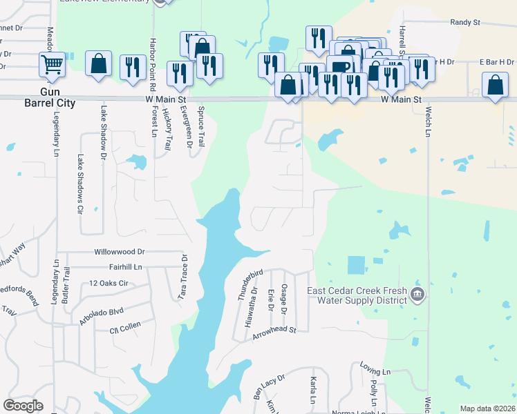 map of restaurants, bars, coffee shops, grocery stores, and more near 139 West Merry Way in Gun Barrel City
