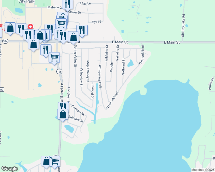 map of restaurants, bars, coffee shops, grocery stores, and more near 304 Wildwind Street in Gun Barrel City