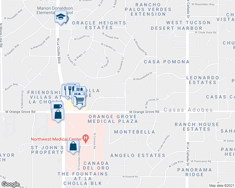 map of restaurants, bars, coffee shops, grocery stores, and more near 1840 West Vista Lejos in Tucson
