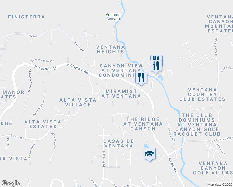 map of restaurants, bars, coffee shops, grocery stores, and more near 6414 North Miramist Way in Tucson