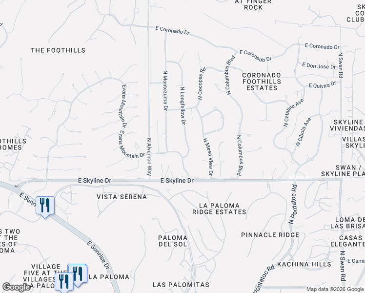 map of restaurants, bars, coffee shops, grocery stores, and more near 6525 North Longfellow Drive in Tucson