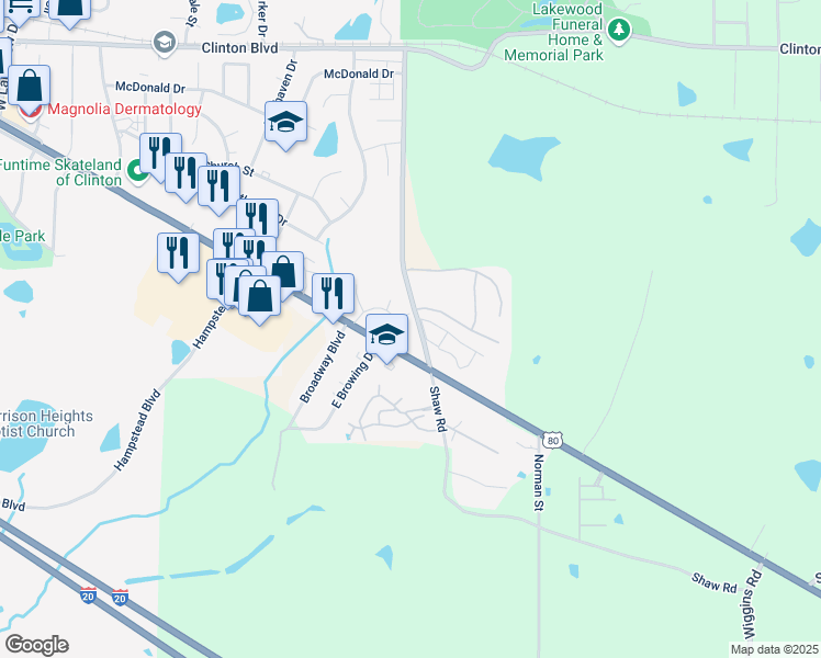map of restaurants, bars, coffee shops, grocery stores, and more near 462 East Browning Drive in Clinton