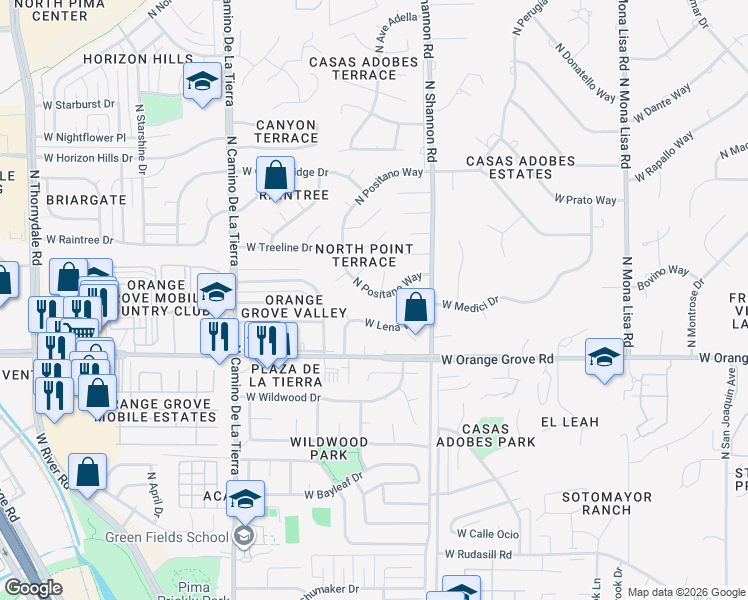 map of restaurants, bars, coffee shops, grocery stores, and more near 6575 North Positano Way in Tucson