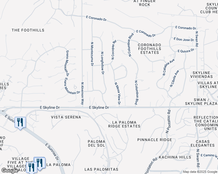 map of restaurants, bars, coffee shops, grocery stores, and more near 6541 North Mesa View Drive in Tucson