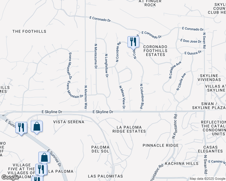 map of restaurants, bars, coffee shops, grocery stores, and more near 6541 North Mesa View Drive in Tucson