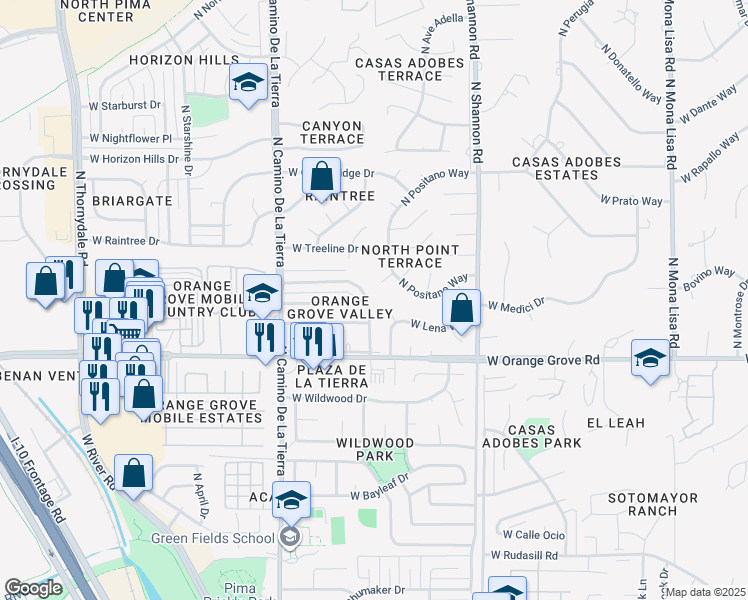 map of restaurants, bars, coffee shops, grocery stores, and more near 6487 North Lena Way in Tucson