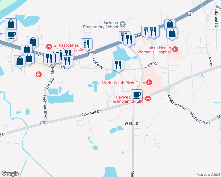 map of restaurants, bars, coffee shops, grocery stores, and more near in Flowood