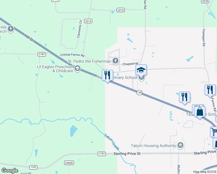 map of restaurants, bars, coffee shops, grocery stores, and more near 1430 Hill Street in Tatum
