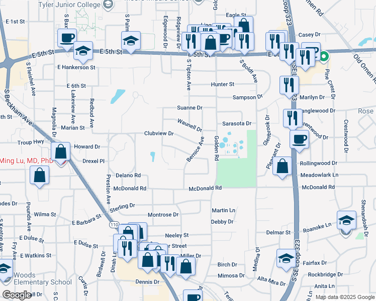 map of restaurants, bars, coffee shops, grocery stores, and more near 2014 Parkway Place in Tyler