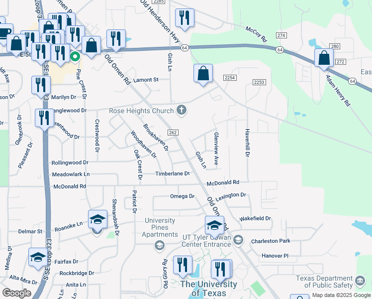 map of restaurants, bars, coffee shops, grocery stores, and more near 2304 Old Omen Road in Tyler