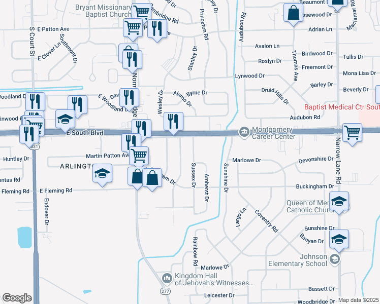 map of restaurants, bars, coffee shops, grocery stores, and more near 4212 Sussex Drive in Montgomery