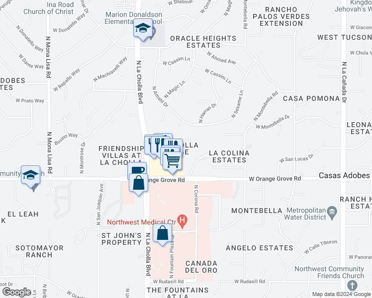 map of restaurants, bars, coffee shops, grocery stores, and more near 1959 West Cholla Vista Drive in Tucson