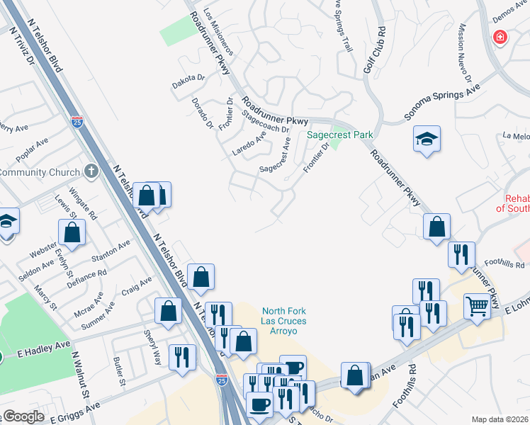 map of restaurants, bars, coffee shops, grocery stores, and more near 3813 Yellowstone Dr in Las Cruces