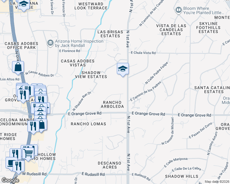 map of restaurants, bars, coffee shops, grocery stores, and more near 6544 North Shadow Bluff Drive in Tucson