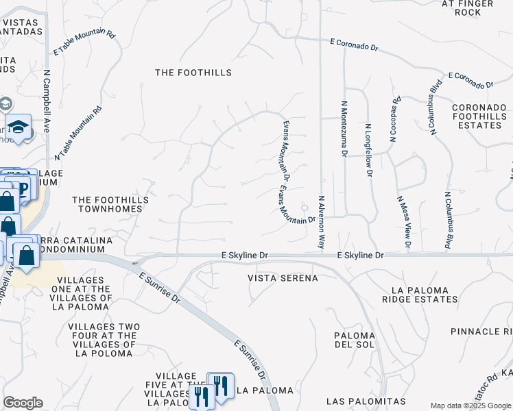 map of restaurants, bars, coffee shops, grocery stores, and more near 3708 East Marshall Gulch Place in Tucson
