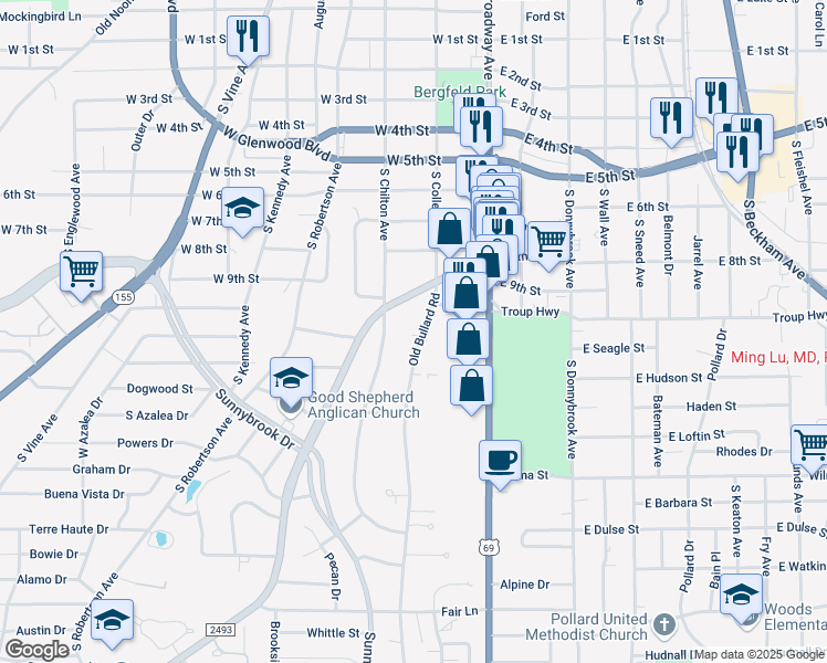 map of restaurants, bars, coffee shops, grocery stores, and more near 2221 Old Bullard Road in Tyler