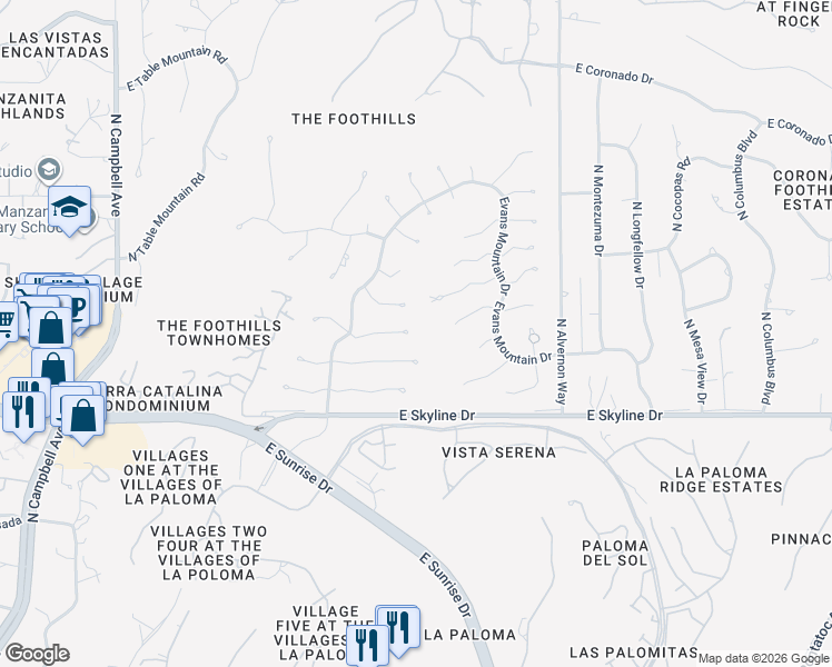 map of restaurants, bars, coffee shops, grocery stores, and more near 3560 East Marshall Gulch Place in Tucson