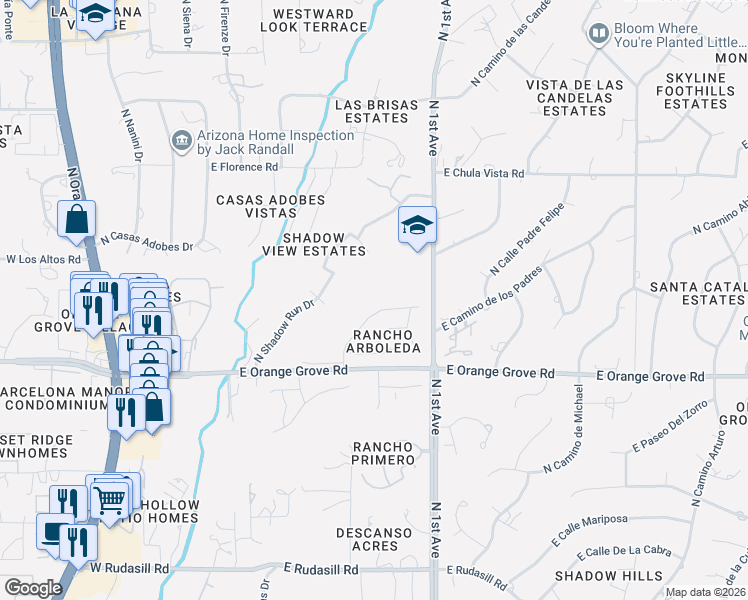 map of restaurants, bars, coffee shops, grocery stores, and more near 6509 North Shadow Bluff Drive in Tucson