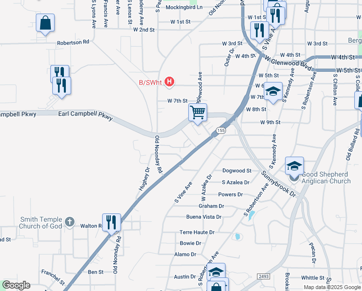 map of restaurants, bars, coffee shops, grocery stores, and more near 1601-1749 Mosely Street in Tyler