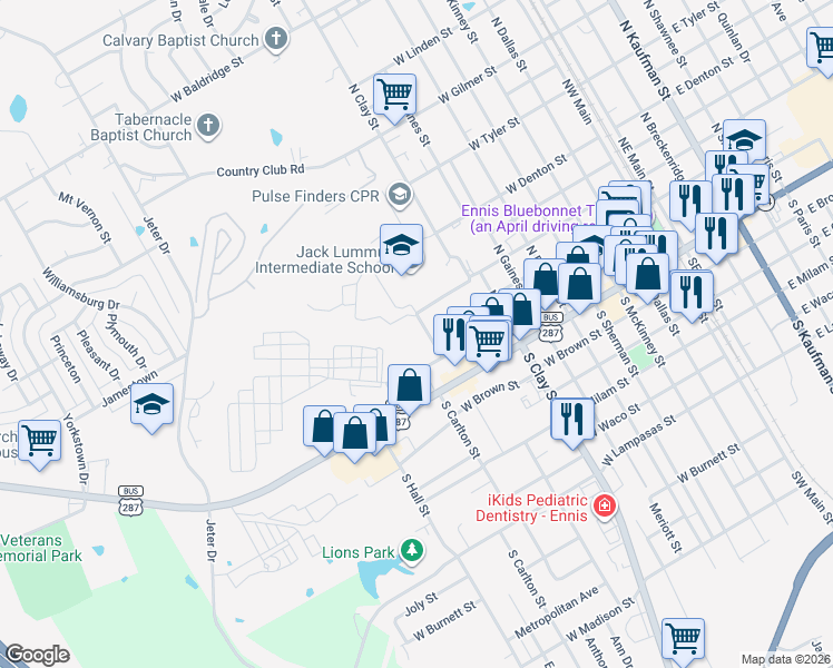 map of restaurants, bars, coffee shops, grocery stores, and more near 900 West Knox Street in Ennis