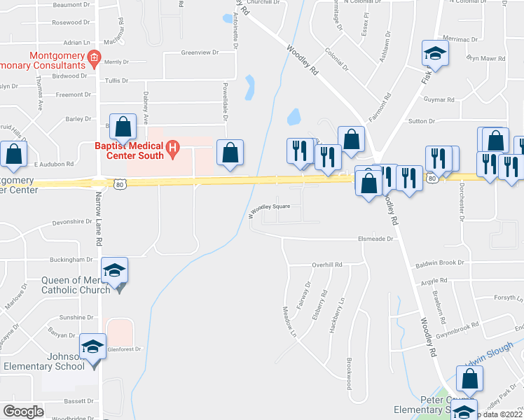 map of restaurants, bars, coffee shops, grocery stores, and more near 2222 West Woodley Square in Montgomery