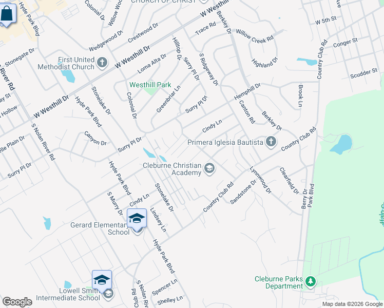 map of restaurants, bars, coffee shops, grocery stores, and more near 1307 Bradley Court in Cleburne