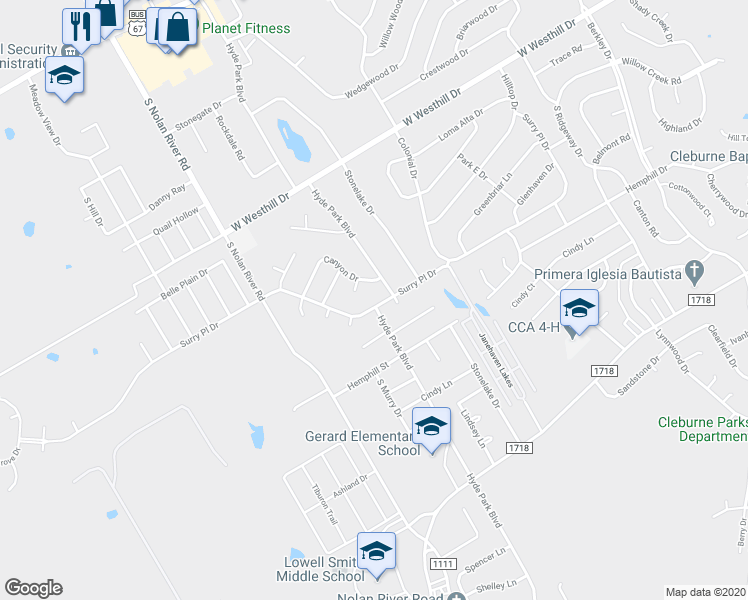 map of restaurants, bars, coffee shops, grocery stores, and more near 1506 Surry Place Drive in Cleburne