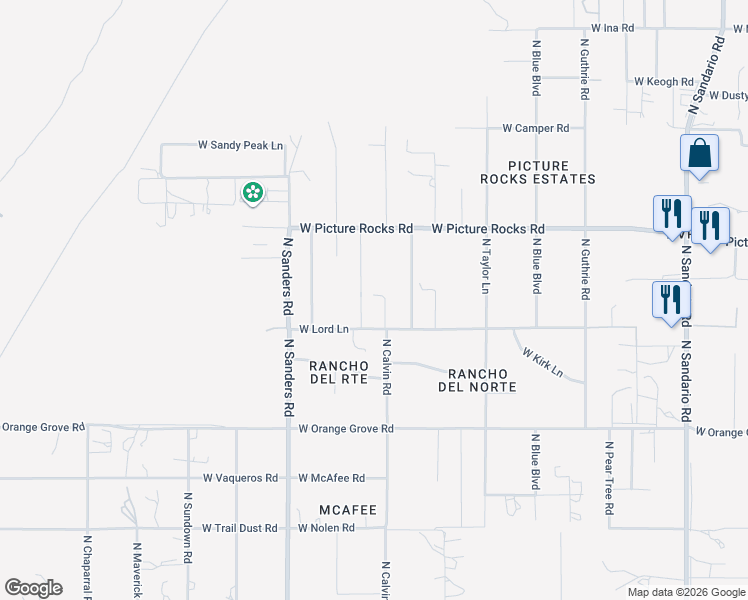 map of restaurants, bars, coffee shops, grocery stores, and more near 12430 West Lord Lane in Tucson