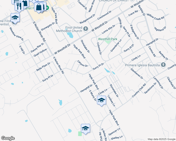 map of restaurants, bars, coffee shops, grocery stores, and more near 1509 Surry Place Drive in Cleburne