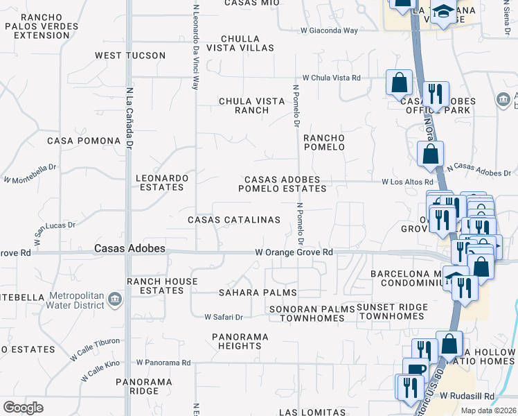 map of restaurants, bars, coffee shops, grocery stores, and more near 1010 West San Miguel Circle in Tucson