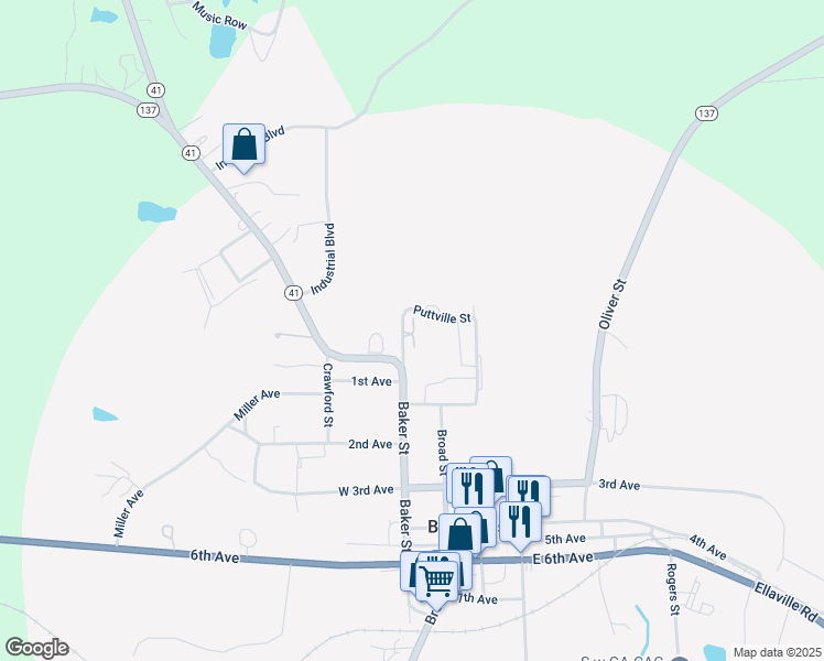 map of restaurants, bars, coffee shops, grocery stores, and more near 301-311 Puttville Street in Buena Vista