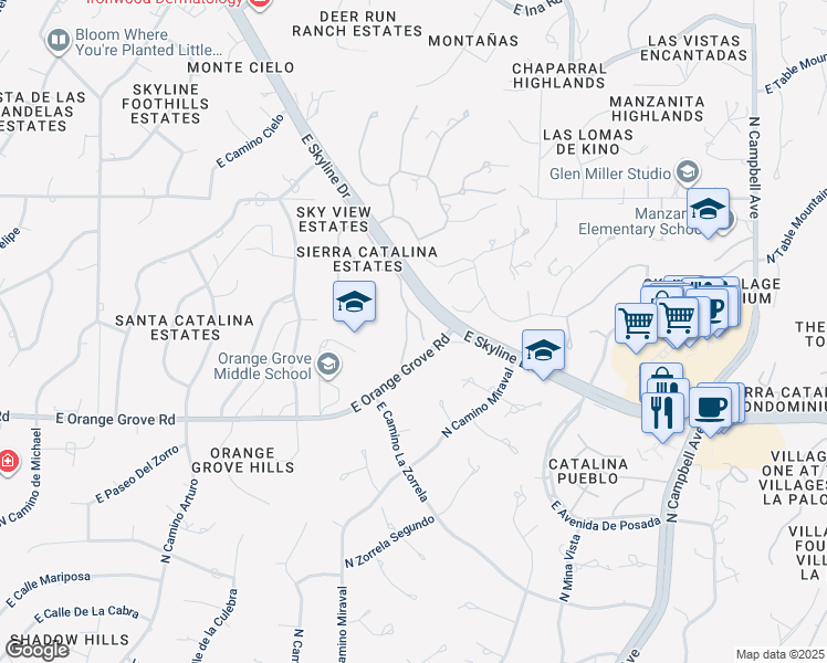 map of restaurants, bars, coffee shops, grocery stores, and more near 6562 North Calle Sin Nombre in Tucson