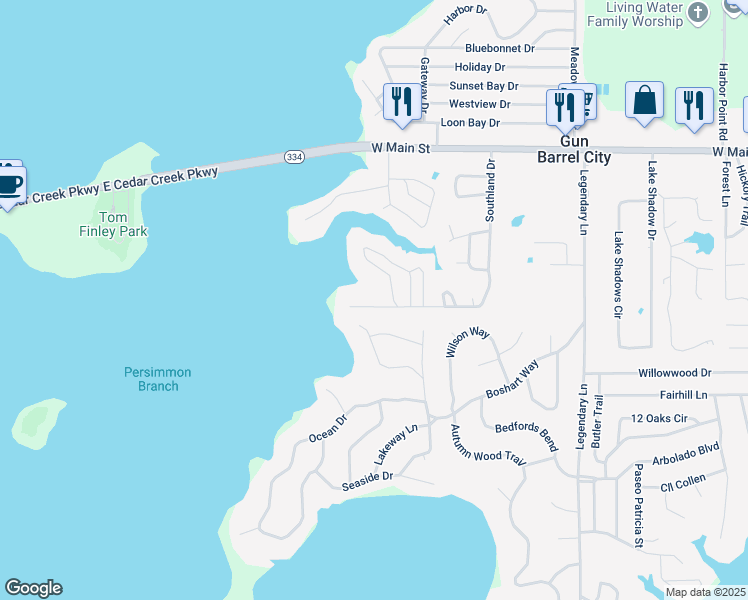 map of restaurants, bars, coffee shops, grocery stores, and more near 142 Island Park Drive in Gun Barrel City
