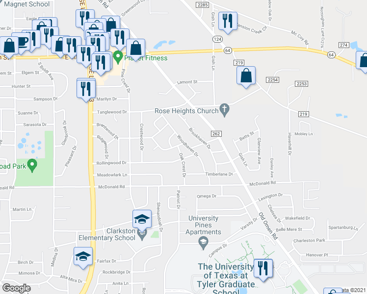 map of restaurants, bars, coffee shops, grocery stores, and more near 2137 Woodhaven Drive in Tyler