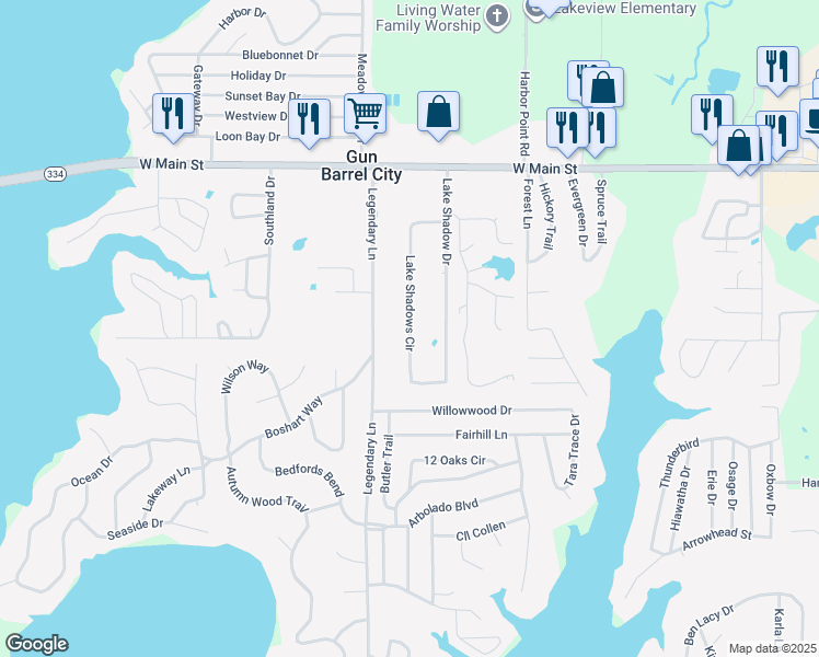 map of restaurants, bars, coffee shops, grocery stores, and more near 102 Lake Shadows Circle in Gun Barrel City