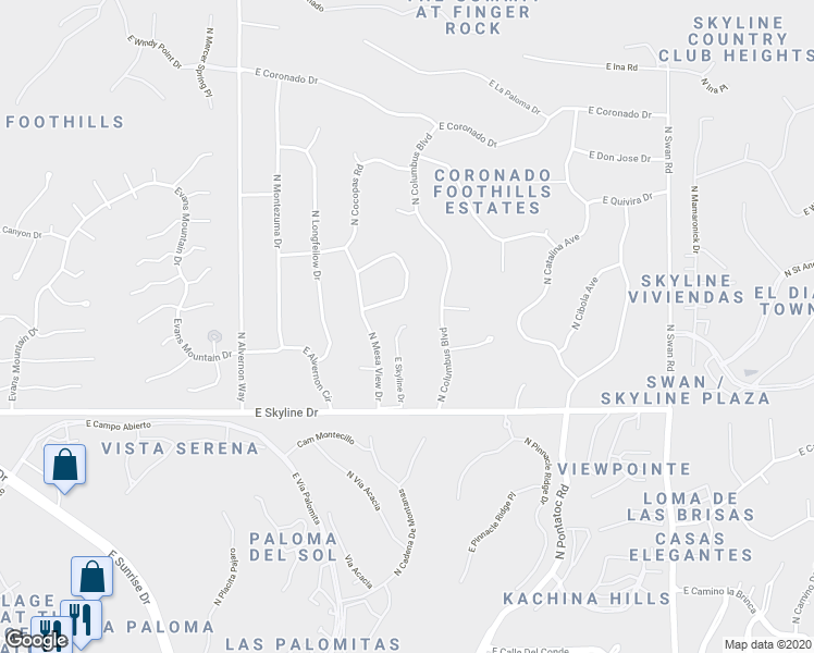 map of restaurants, bars, coffee shops, grocery stores, and more near Unnamed Road in Tucson