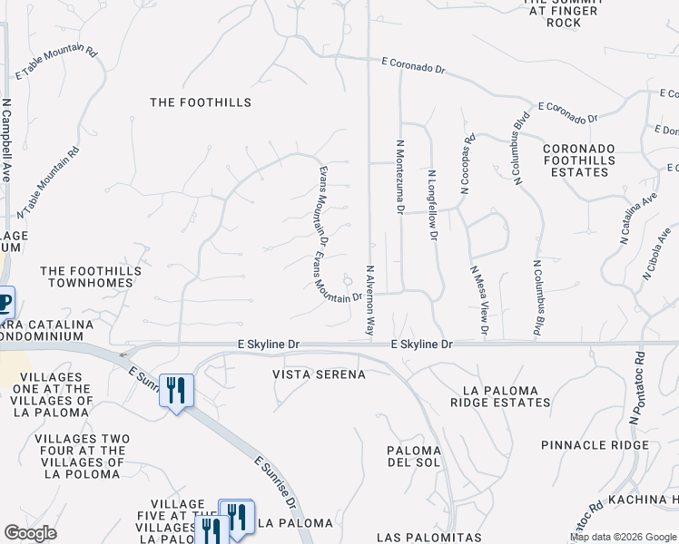 map of restaurants, bars, coffee shops, grocery stores, and more near 6529 North Burro Creek Place in Tucson
