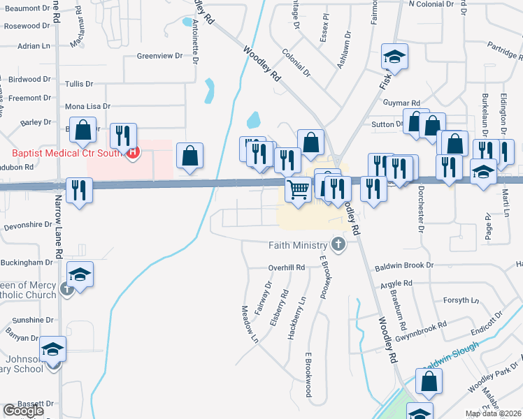 map of restaurants, bars, coffee shops, grocery stores, and more near 4301 Woodley Square in Montgomery