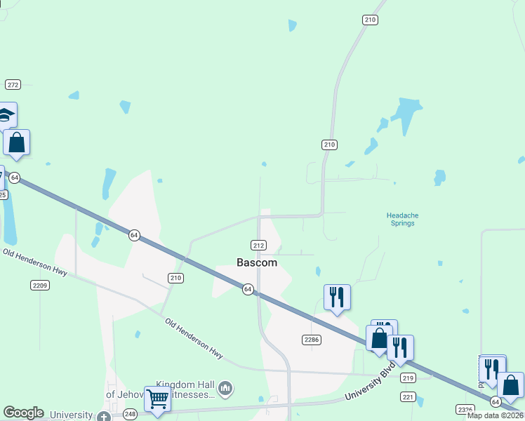 map of restaurants, bars, coffee shops, grocery stores, and more near 10664 County Road 210 in Tyler