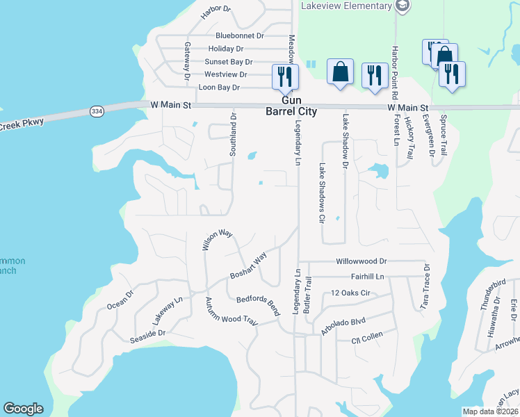 map of restaurants, bars, coffee shops, grocery stores, and more near 116 Brook Valley Street in Gun Barrel City