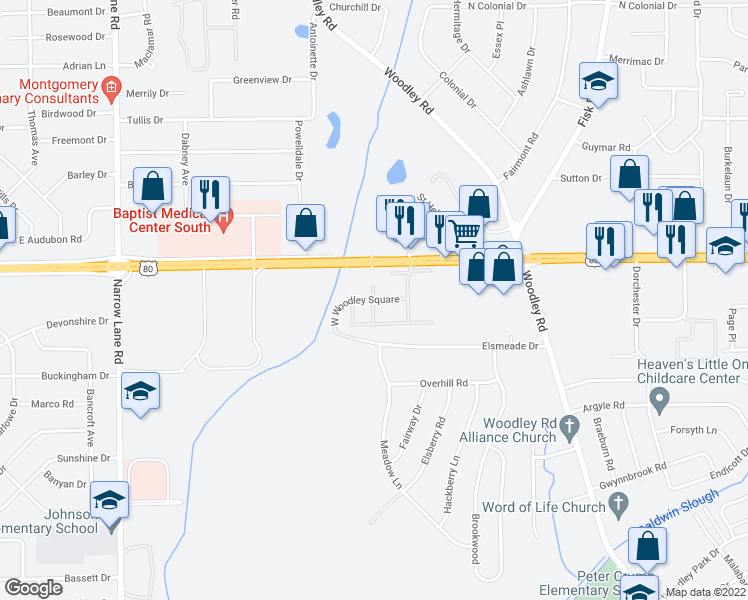 map of restaurants, bars, coffee shops, grocery stores, and more near 2238 West Woodley Square in Montgomery