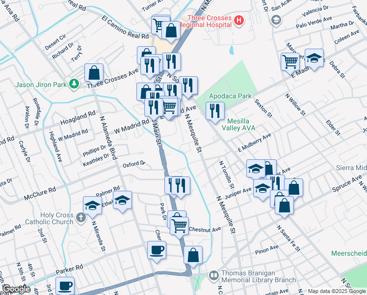 map of restaurants, bars, coffee shops, grocery stores, and more near 1733 North Mesquite Street in Las Cruces