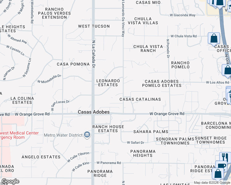 map of restaurants, bars, coffee shops, grocery stores, and more near 1280 West Appian Place in Tucson